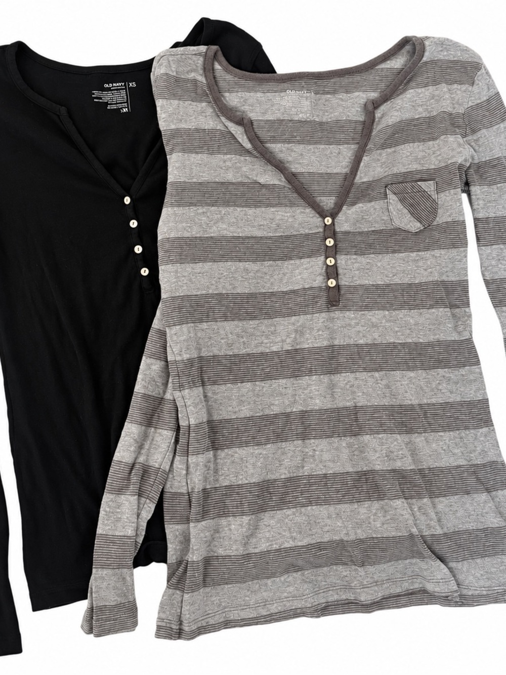 Old Navy Women's Black Henley & Gray Striped Long-Sleeve Tops (2-Pack)